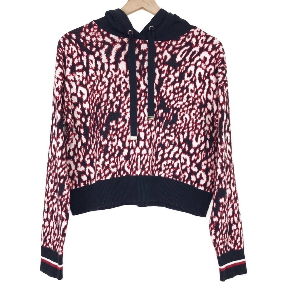 TOMMY HILFIGER Animal Print Knit Crop Hood Sweater S